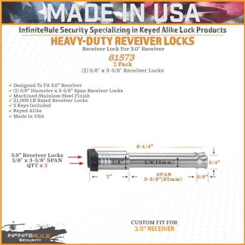 InfiniteRule Security, Inc. 61573 | 2 Pack, Keyed Alike, Hitch Locks (Fits: 3" Receiver | Gen-Y Hitch - 21,000 LB Towing Series | Gen-Y Hitch - Auto Latch Gooseneck Coupler Lock) Stainless Steel