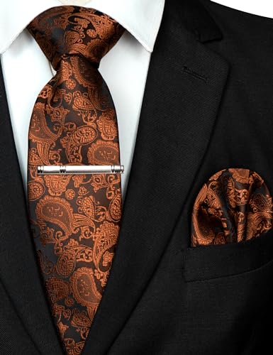 Image of JEMYGINS Mens Solid Color Paisley Necktie and Pocket Square with Tie Clip Sets