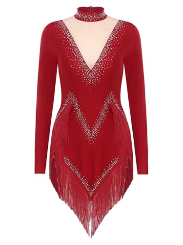 Yruioon Damen Latein Tanzkleid Glitzer Fransen Kleid Langarm Eiskunstlauf Kleid Rollschuhkleid Jazz Chacha Salsa Tango Wettbewerb Tanzkostüm Burgund...