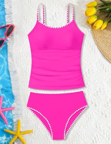 Image of Girls Swimsuit Solid Color Tankini Contrast Trim Swimwear 2 Piece Bathing Suit Padded Swimsuits for Teens 9-16Y