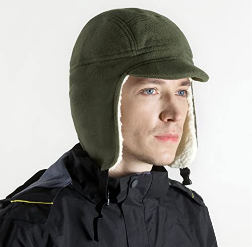 Connectyle Mens Fleece Beanie Hat With Ear Flap Warm Winter Hats With Brim Outdoor Fishing Skull Cap Army Green #TOP1