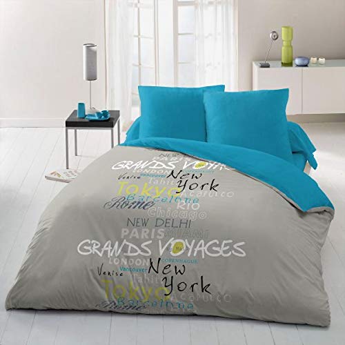 Housse De Rêve Parure Couette 220x240 cm 100% Polyester 72 GSM Grands Voyages 62102 Gris/Bleu Cover