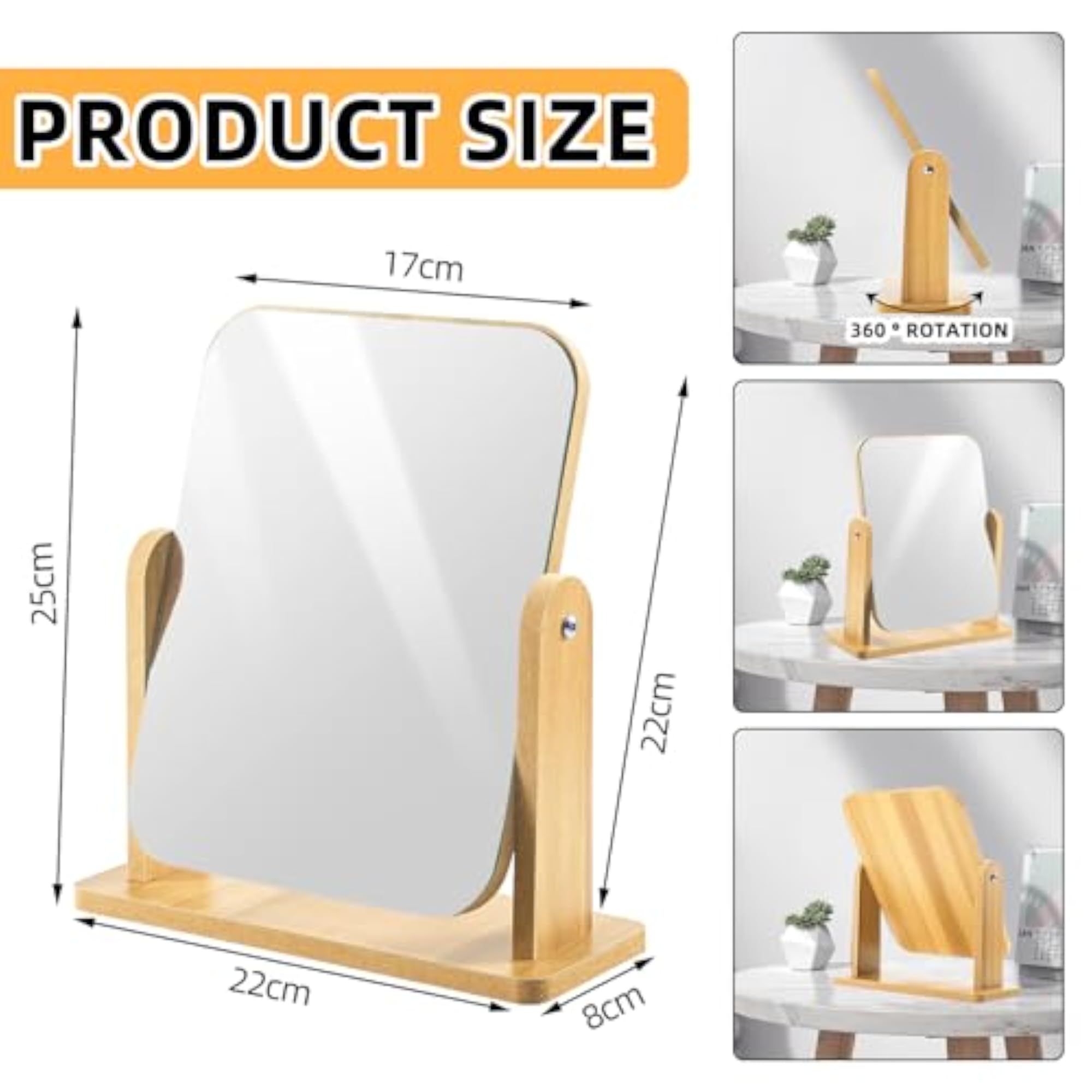 360 Degree Rotation Makeup Mirror Standing Wooden Table Mirror