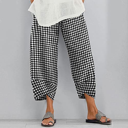 Summer Linen Capri Pants For Women Cotton Plaid Wide Leg Capris Womens Cropped Pants Beach Elastic Waist Baggy Trousers 2023 New Women's Tropical Printed Loose Fit Lounge Yoga Pants Pockets #TOP1