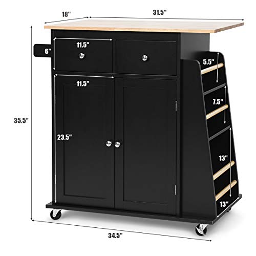 Giantex Kitchen Island Cart, Rolling Wood Trolley with Storage Cabinet, Towel Handle, 2 Drawers, Side Spice Rack and Wine Bottle Rack, Kitchen Cart on Wheels, Rubber Wood Countertop (Black)