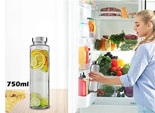 Image of 750ml Food Grade Glass Water Bottle Set of 2 with Leakproof Lid | Airtight Transparent Juice, Smoothie & Beverage Storage Bottle for Kitchen, Office & Travel (Silver lid')