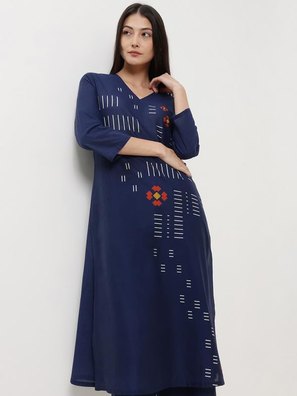 Image of Pink Fort Casual Cotton Geometric Print Kurta Set | A -Line Fit 3 /4th Sleeve V-Neck Kurta Ankle Length 2 Pockets Flared Pants