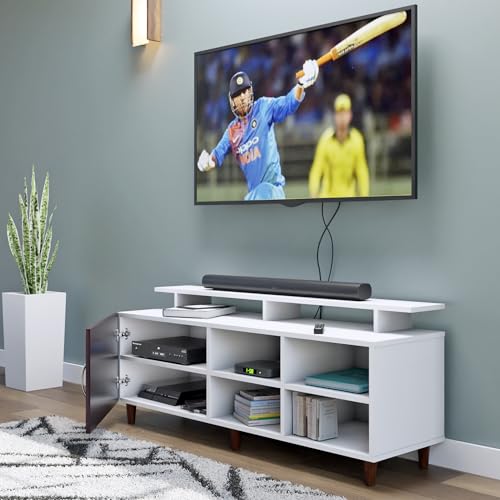 Image of VIKI Modern TV Unit for Living Room | Engineered Wood TV Cabinet with 1 Door Storage, 2 Open Shelves & Extension, Entertainment Unit, 140W x 48H x 40D cm | DIY | 1 Year Warranty (White & Wenge)
