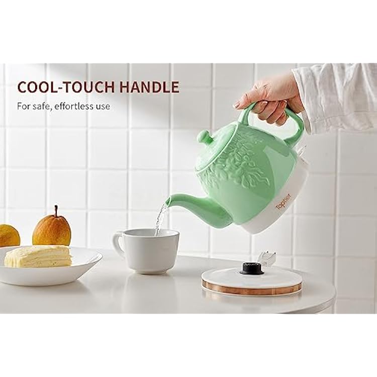 Toptier Electric Ceramic Tea Kettle, Boil Water Quickly and Easily, Detachable Swivel Base & Boil Dry Protection, Carefree Auto Shut Off, 1 L, Green Leaf