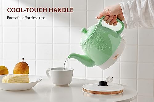 Toptier Electric Ceramic Tea Kettle, Boil Water Quickly and Easily, Detachable Swivel Base & Boil Dry Protection, Carefree Auto Shut Off, 1 L, Green Leaf - Thumbnail 4