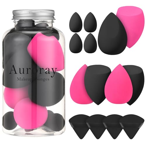 auroray 14 Pcs Makeup Sponge Set, Beauty Sponges Blender with 4 Pcs Powder Puff and 4 Pcs Mini Make up Sponges for Liquid,Foundation,Powder,Concealer,Cream (Black)