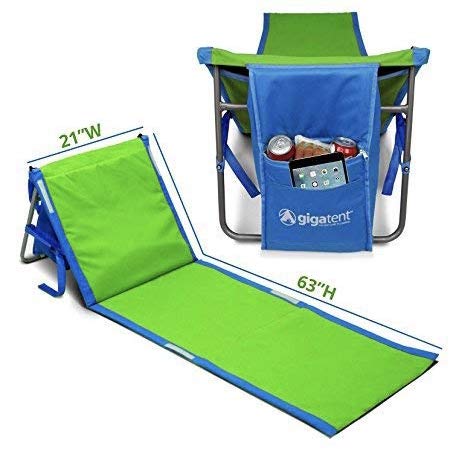 GigaTent Portable Beach Lounge Chair Mat Adjustable Backrest with Cooler Storage Pocket Lightweight Foldable Comfortable Insulated Shoulder Carrying Strap