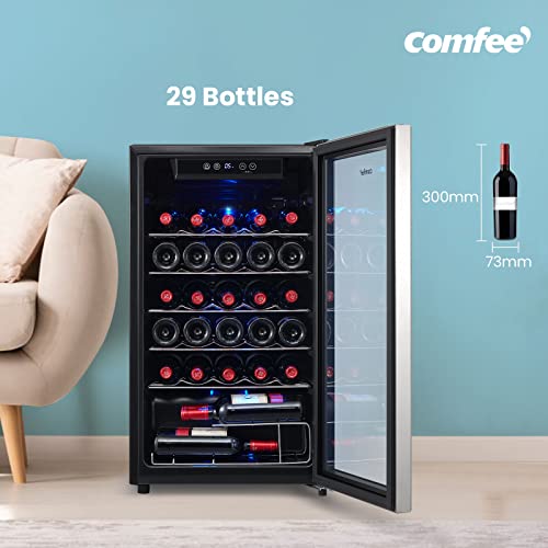 Image of COMFEE' CRW29S3AST Freestanding Wine Cellar, 29 Bottle Wine Cooler Refrigerators, Quiet Operation Compressor, Glass Door Stainless Steel Frame For Red&White Wine&Beer,Black