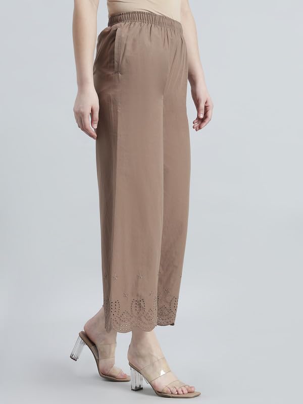 Image of GO COLORS Women's Cotton Hakoba Palazzo | Ankle Length, Schiffli Embroidery, Relaxed Fit, Mid-Rise with Side Pocket