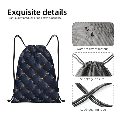 Drawstring Backpack - Vintage Navy Leather Plaid Print Sports Gym Sackpack String Bag For Women Men, Lightweight Draw String Back Bag For Workout Travel3