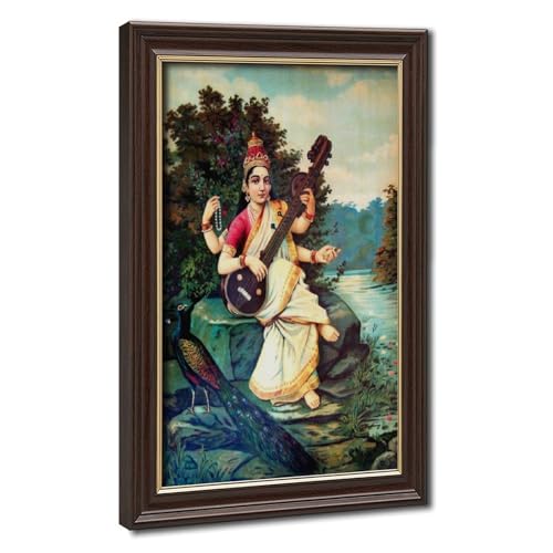 Toile déesse Saraswati Raja Ravi Varma cadre inclus pour habiller un mur vide