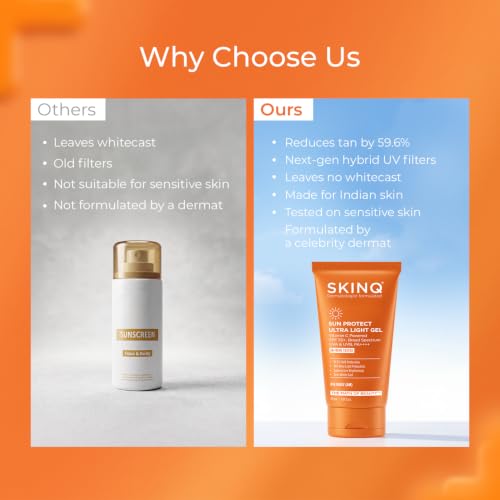 Image of SKINQ SPF 50+ Detan Sunscreen Gel | Tan Reduction, No White Cast | 97.5% UVB Protection | With Vitamin C | Lightweight, Non-Greasy | Normal, Dry & Sensitive Skin | Made by Dermat | 45ml (Pack of 2)