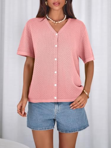 Image of NALANISA Women's Short Sleeve Sweater Spring Summer Crochet Knit Tops 2026 V Neck Striped Button Down Dressy Casual Blouses