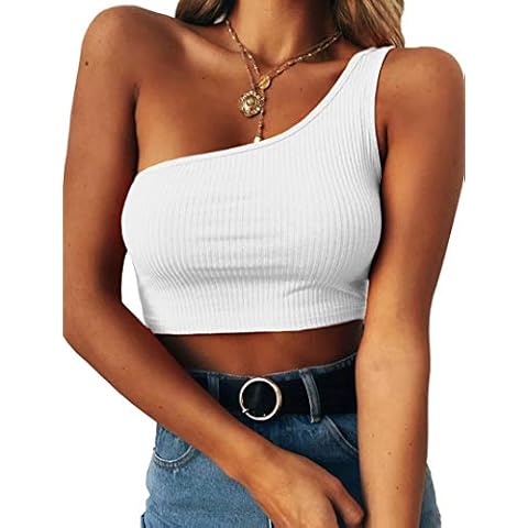 Minclouse Women's One Shoulder Sleeveless Crop Tops Summer Sexy Strappy Tank Tees White Cover