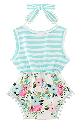 Unicomidea Baby Girl Summer Clothes Cute Flowers Outfit For Newborn Girls 0-3 Months Blue Stripe Baby Onesie With Headband Sleeveless Infant Girls Jumpsuit #TOP1