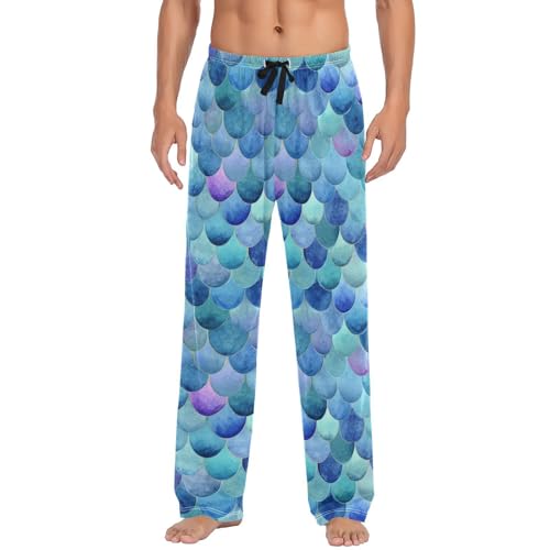 Vdsrup Men's Pajama Pants Blue Scales Pajama Pants for Men PJs Bottoms Drawstring Pockets Watercolor Sleep Lounge Pants S