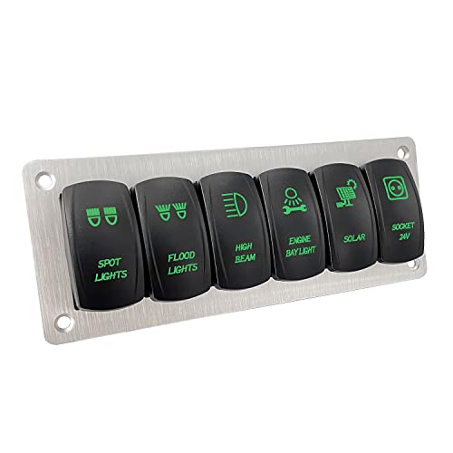 Image of Customize 6 Gang Rocker Switch Panel with Silver Mounting Bracket Green Led Toggle Switch Panel for Car Marine Boat Yacht RV Camper 12V 24V IP66