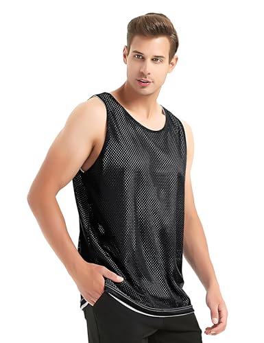 TopTie Reversible Basketball Jerseys Men's Tank Top Mesh Tank Lacrosse Jersey for Adult Youth-Black/White-M