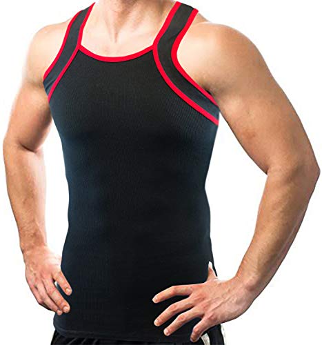 Different Touch 2 Pack Men's Tank Tops Square Cut Muscle Rib A-Shirts (M, Black with Red Trim)