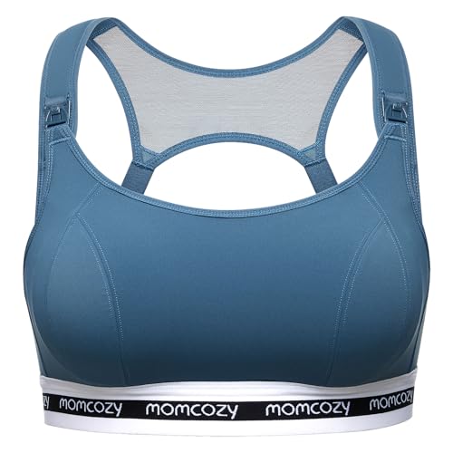 momcozy Soutien Gorge Allaitement FB011, Brassiere Allaitement Sport à Maintien Léger, Soutien Gorge de Grossesse sans Armature avec Coques Rembourrées Bleu...
