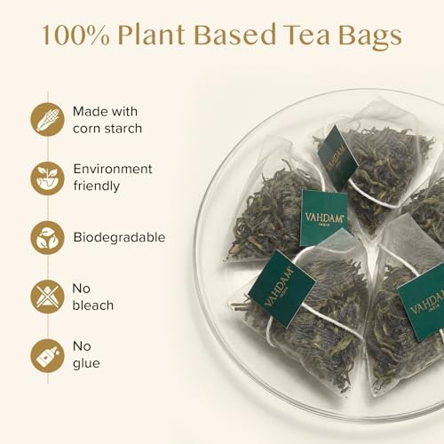 Image of VAHDAM, Decaf Himalayan Green Tea Bags (100 Pyramid Tea Bags) Caffeine Free, Gluten Free | High Grown Decaf Green Tea | Resealable Ziplock Pouch | Pyramid Tea Bags