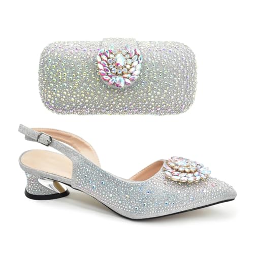 Women Italian Shoes And Bag Set Full Rhinestones Slip On Dress Shoes Matching Clutch Bags Set Purple 432