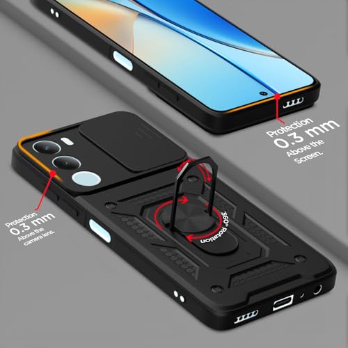 Image of Pikkme Back Cover for Vivo Y29 5G / Vivo Y19s 5G | 360 Protection Case | Sliding Camera Shield Cover & Ring Holder Stand D10 Tough Armor Bumper Case (Black)