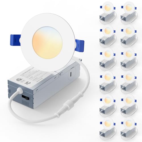 Veriligt 12 Pack 3 Inch LED Recessed Light Dimmable Damp Rated 5CCT Selectable 6W 500LM 120V Silm Canless Wafer Ceiling Light ETL&FCC
