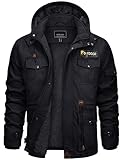 CRYSULLY Men's Winter Jacket Cotton Military Jackets Fleece Lined Thick Warm Cargo Coats Multi-Pocket Outwear with Hooded Black L