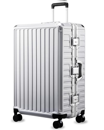 LUGGEX Checked Suitcase with Spinner Wheels, 8010S Aluminum Frame Zipperless Polycarbonate Hard Shell Suitcase (ZX-Core, Silver, 28 Inch)