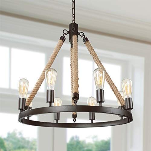 LNC Farmhouse Chandeliers Rustic Round Wagon Wheel 8 Light Fixture with Rope
