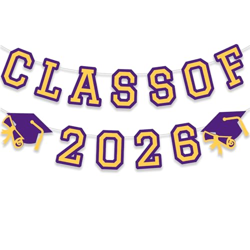 Image of Class of 2026 Graduation Banner University College Grad Garlands Decoration Party Supplies High School Colors Purple Yellow