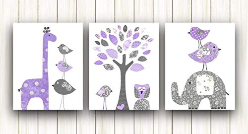 Baby Girl Nursery Art, 3 prints UNFRAMED, Elephant Owl Tree Birds Purple & Gray