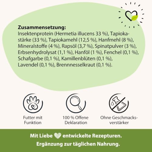 BugBell 800g Hundefutter trocken getreidefrei, Spinat & Hanf & Hanf & Heilkräuter zur Entspannung, verträgliche Insektenproteine, 100% bedarfsdeckend, hypoallergenes & purinarmes Trockenfutter