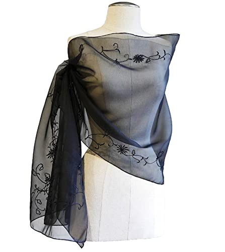 Silk Organza Shawl, 76" L x21 W, Embroidery & Hand made Beads Adorned, Solid Black4