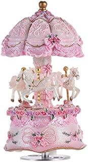 Sasuori Luxury Dream 3-Horse Rotating Carousel Merry-go-round Windup Music Carousel with Colorful Color Change LED Luminous Light Melody of Castle in the Sky Artware Birthday Gift(pink)