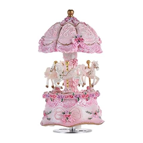 Sasuori Luxury Dream 3-Horse Rotating Carousel Merry-go-round Windup Music Carousel with Colorful Color Change LED Luminous Light Melody of Castle in the Sky Artware Birthday Gift(pink) Cover