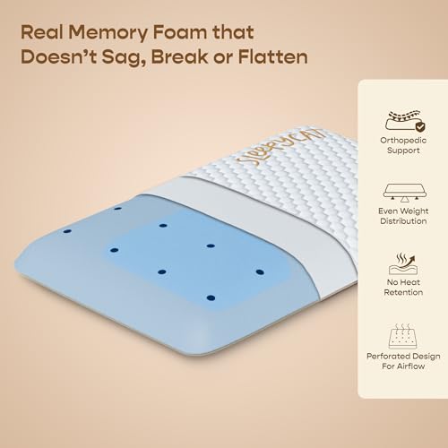 Image of SleepyCat Slim Memory Foam Pillow | 2.5 Inch Thin Support Pillow for Spine Alignment & Pain-Relief | Premium Bamboo Zipper Cover (Standard Size, 24.5 X 15 inches, White)-Set of 2