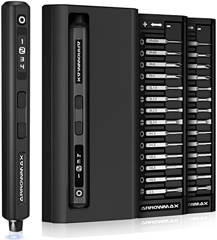 AM ARROWMAX Electric Screwdriver, Precision Screwdriver w/ 34 Magnetic Bits, 4 Torque Settings, Red Dot, IF Winning Design, Rechargeable Mini Cordless Screwdriver for Phone, Laptop, Camera, Black