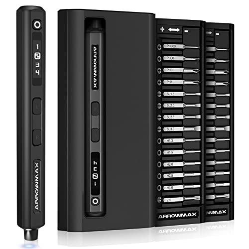 Am Arrowmax Electric Screwdriver, Precision Screwdriver W/ 34 Magnetic Bits, 4 Torque Settings, Red Dot, If Winning Design, Rechargeable Mini Cordless Screwdriver For Phone, Laptop, Camera, Black #TOP2