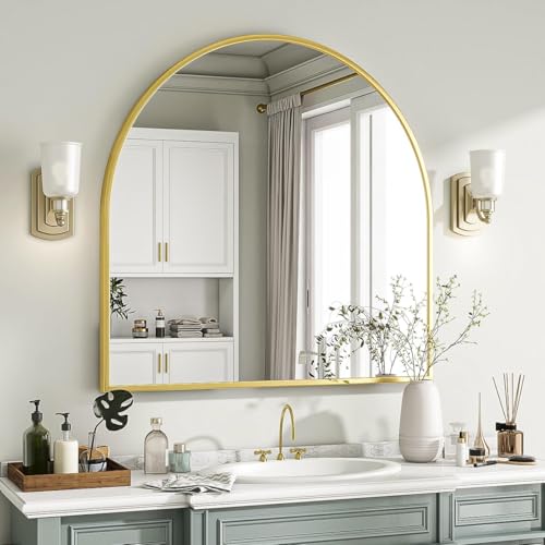Image of VooBang Wide Arched Wall Mirror, 31 x 32 inch Arch Bathroom Mirror, Wall Mounted Vanity Mirror with Arch Metal Frame, Modern Bathroom Vanity Mirror for Bedroom, Living Room, Hanging or Leaning, Gold