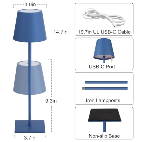 Image of Kakanuo Cordless Rechargeable Table Lamp Navy 5000mAh Battery Operated Lamps, 3 Colors Stepless Dimming Touch Lamp for Living Room, Kitchen Counter, Dining, Outdoor Patio, 2 Pack