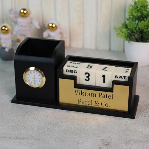 Image of EpicLane Wooden Pen Holder with Clock, Infinity Calendar, Visiting Card Holder & Mobile Stand | Desk Organizer (Infinity - Black)