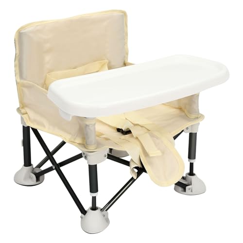 Chaise de camping pliable pour tout-petits - Rehausseur portable pour bébé et enfant - Chaise de voyage pliable avec plateau amovible - Siège léger pour le camping - 25 kg (beige)