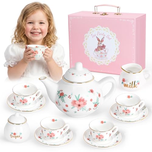 Porcelain Tea Set for Girls, Tea Party Set for Little Girls, Kids Tea Set Kitchen Pretend Play, Princess Tea Time Playset with Ceramic Teapot Cups Carry Case, Toddler Girl Toys Birthday Gifts Age 3+
